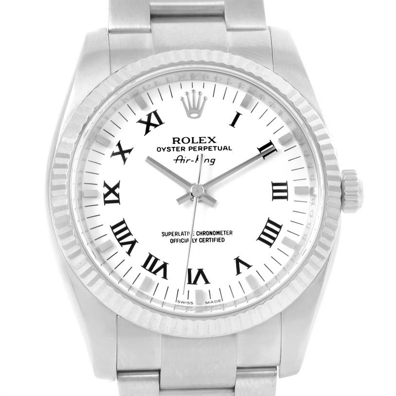 This is a frontal view of the Rolex Air-King 114234 Men's Stainless Steel White Dial 114234 Men's Stainless Steel White Dial watch showing the face, bezel, crown, and part of the bracelet.