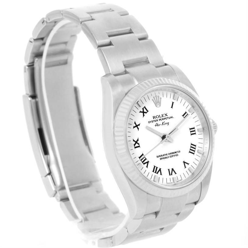 The image shows a side angle of the Rolex Air-King 114234 Men's Stainless Steel White Dial 114234 Men's Stainless Steel White Dial watch, displaying its face, bezel, and metal bracelet.