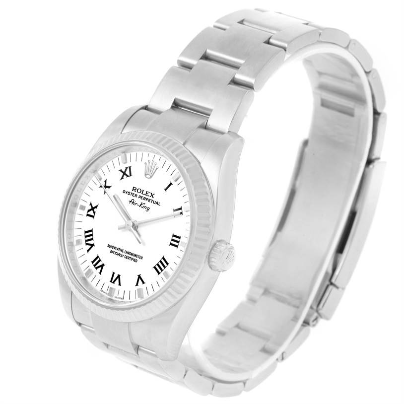 The image shows a Rolex Air-King 114234 Men's Stainless Steel White Dial 114234 Men's Stainless Steel White Dial watch at a three-quarter angle, highlighting the face, bezel, and bracelet.