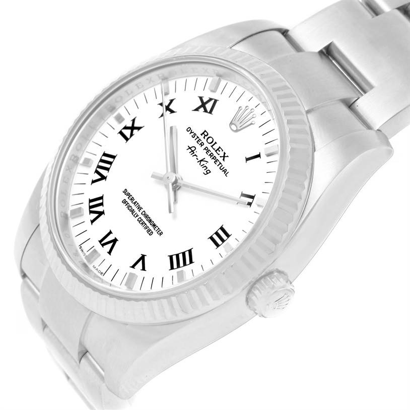 The Rolex Air-King 114234 Men's Stainless Steel White Dial 114234 Men's Stainless Steel White Dial watch is shown at a slight angle, displaying the dial, bezel, and part of the bracelet.