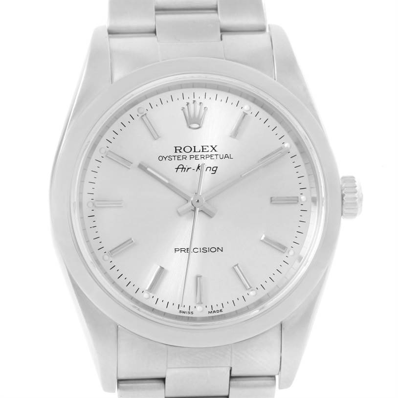 The image shows a front view of a Rolex Air-King 14000 Men's Stainless Steel Silver Dial 14000 Men's Stainless Steel Silver Dial watch, displaying the dial, hour markers, hands, and bracelet.