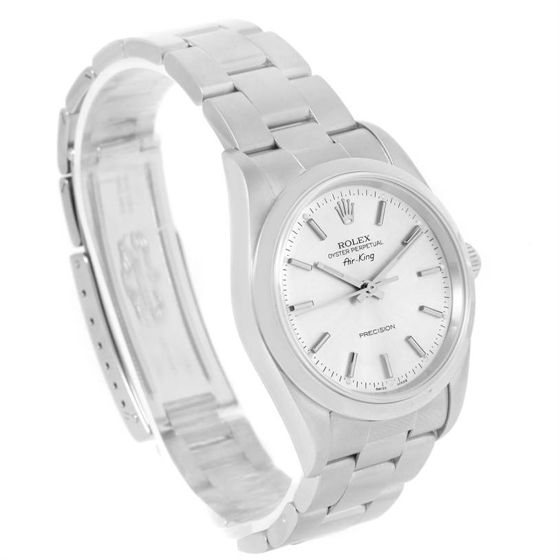 This image shows a Rolex Air-King 14000 Men's Stainless Steel Silver Dial 14000 Men's Stainless Steel Silver Dial watch at a three-quarter angle, highlighting the face, bezel, and part of the metal bracelet.