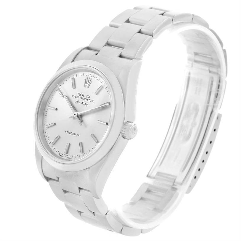 The image shows a Rolex Air-King 14000 Men's Stainless Steel Silver Dial 14000 Men's Stainless Steel Silver Dial watch from a three-quarter angle, displaying its face, bracelet, and crown.