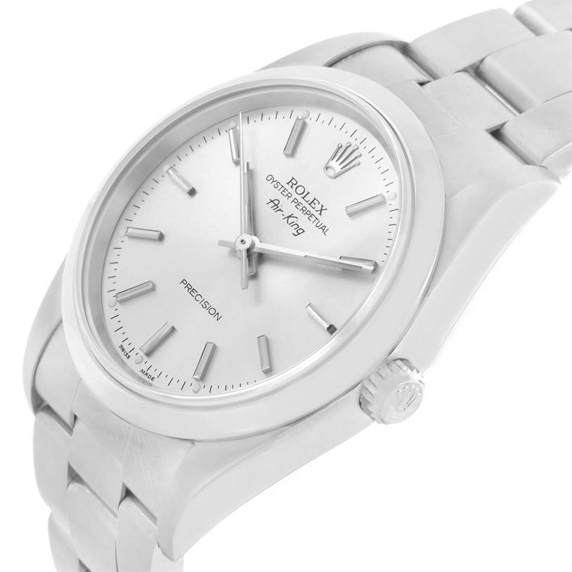 The Rolex Air-King 14000 Men's Stainless Steel Silver Dial 14000 Men's Stainless Steel Silver Dial watch is shown from a side angle, highlighting the dial, crown, and bracelet.