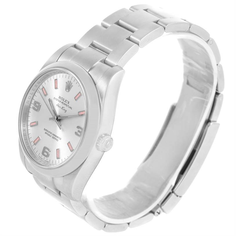 This image shows a Rolex Air-King 114200 Men's Stainless Steel Silver Dial 114200 Men's Stainless Steel Silver Dial watch at an angled side view, displaying its dial, bezel, crown, and bracelet.