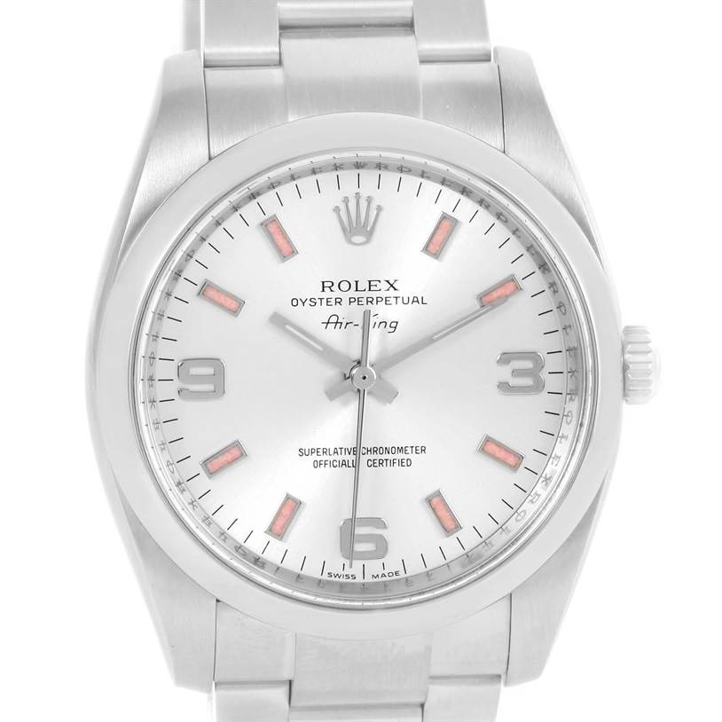This image shows a front view of a Rolex Air-King 114200 Men's Stainless Steel Silver Dial 114200 Men's Stainless Steel Silver Dial watch, featuring the face, dial, crown, and part of the bracelet.