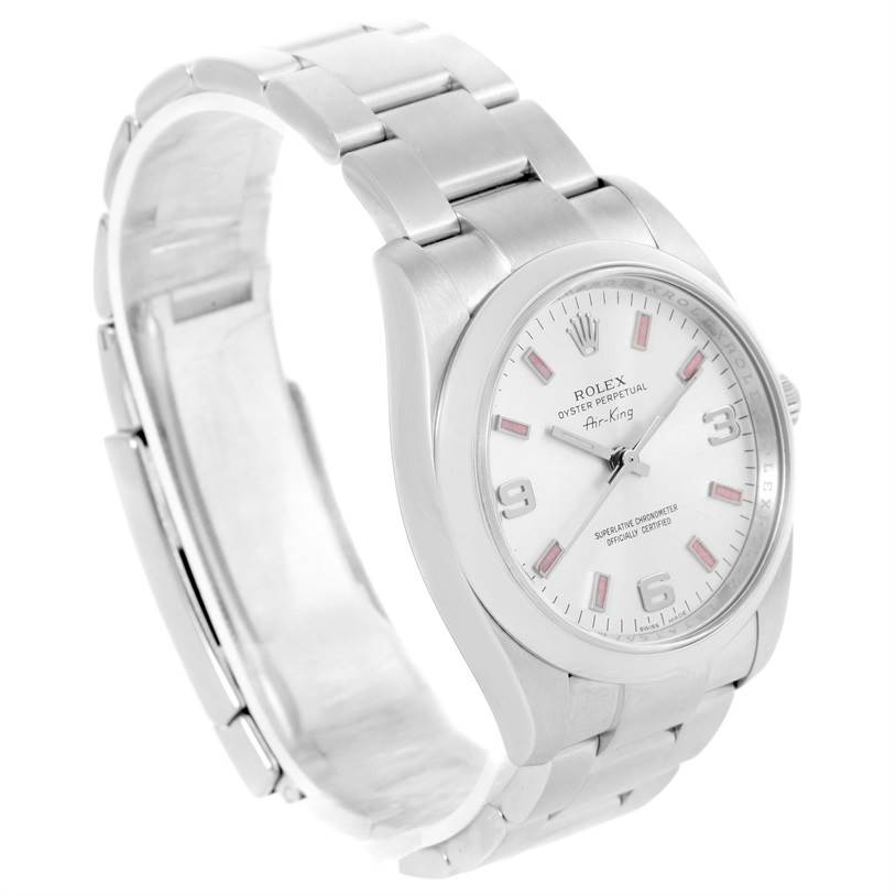 The image shows a Rolex Air-King 114200 Men's Stainless Steel Silver Dial 114200 Men's Stainless Steel Silver Dial watch at a slight angle, highlighting its dial, bracelet, and clasp.