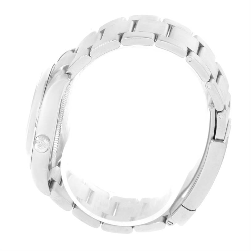 The image shows a side view of the Rolex Air-King 114200 Men's Stainless Steel Silver Dial 114200 Men's Stainless Steel Silver Dial watch, focusing on its bracelet and case.