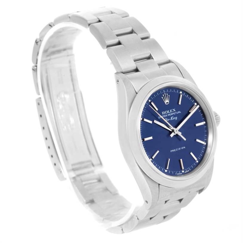 The image shows a Rolex Air-King 14000 Men's Stainless Steel Blue Dial 14000 Men's Stainless Steel Blue Dial watch from a front angle, highlighting the dial, bezel, case, and part of the bracelet.