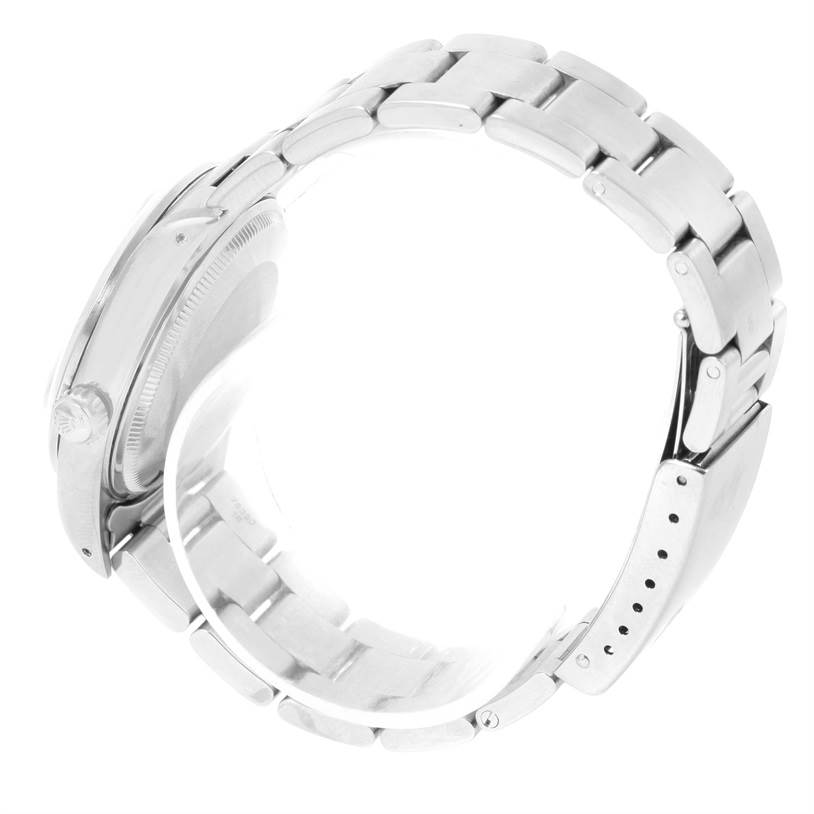 The image shows a Rolex Air-King 14000 Men's Stainless Steel Blue Dial 14000 Men's Stainless Steel Blue Dial watch from a side angle, focusing on the crown, case, and bracelet.