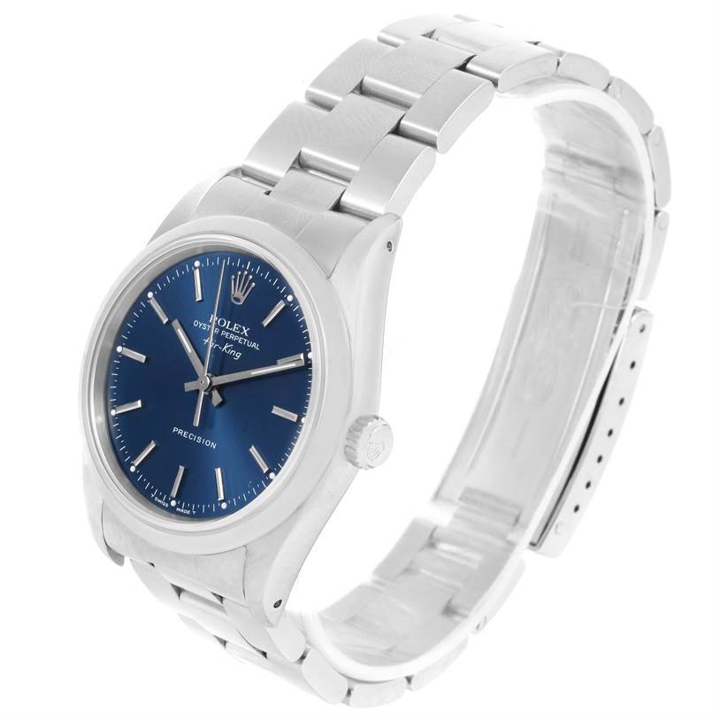 The Rolex Air-King 14000 Men's Stainless Steel Blue Dial 14000 Men's Stainless Steel Blue Dial watch is shown at a three-quarter angle, highlighting the blue dial, crown, and stainless steel bracelet.
