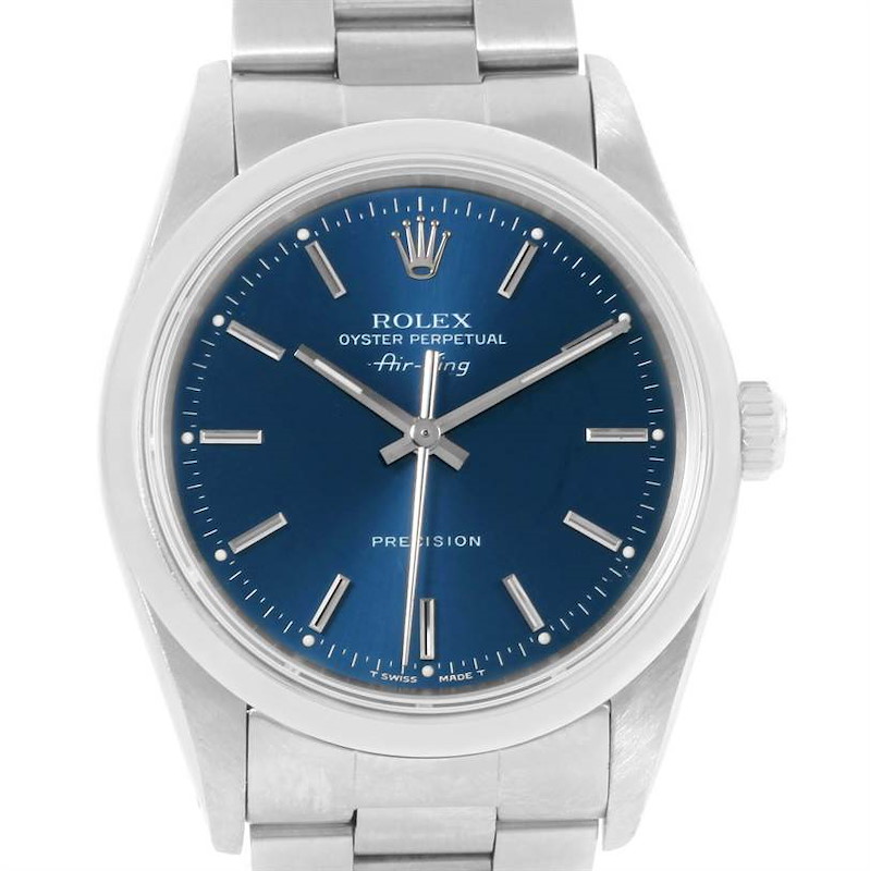 The image shows a front view of the Rolex Air-King watch, highlighting its blue dial and stainless steel bracelet.