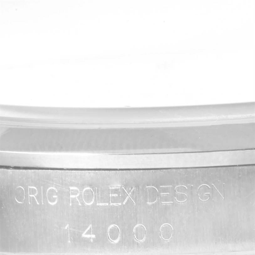 The image shows a close-up of the serial number and "Orig Rolex Design" engraving on the case of the Rolex Air-King 14000 Men's Stainless Steel Blue Dial 14000 Men's Stainless Steel Blue Dial watch.