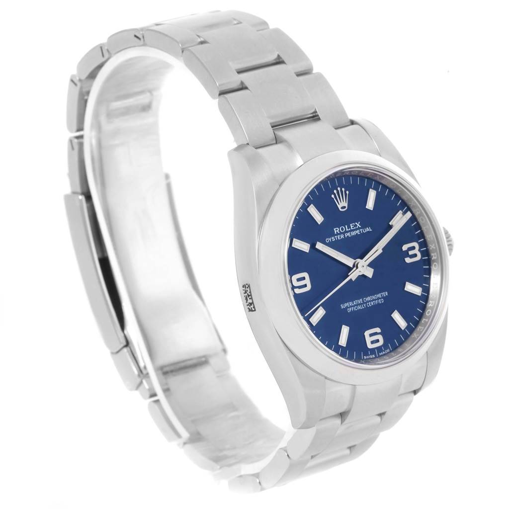 This image shows a side angle of the Rolex Air-King 114200BLASO Men's Stainless Steel Blue Dial 114200BLASO Men's Stainless Steel Blue Dial watch, highlighting the bracelet, case, and blue dial.