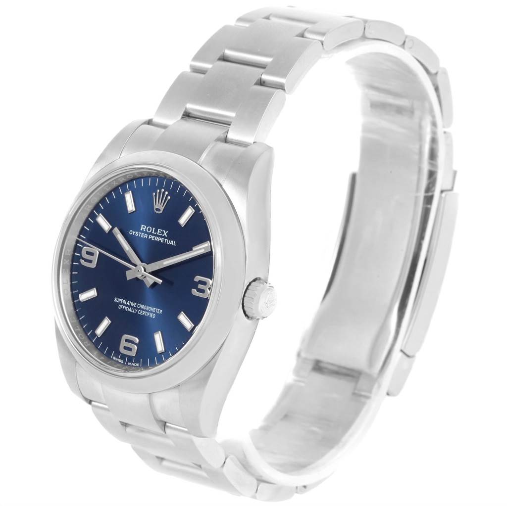 The Rolex Air-King 114200BLASO Men's Stainless Steel Blue Dial 114200BLASO Men's Stainless Steel Blue Dial watch is shown at a three-quarter angle, highlighting the blue dial, crown, and stainless steel bracelet.