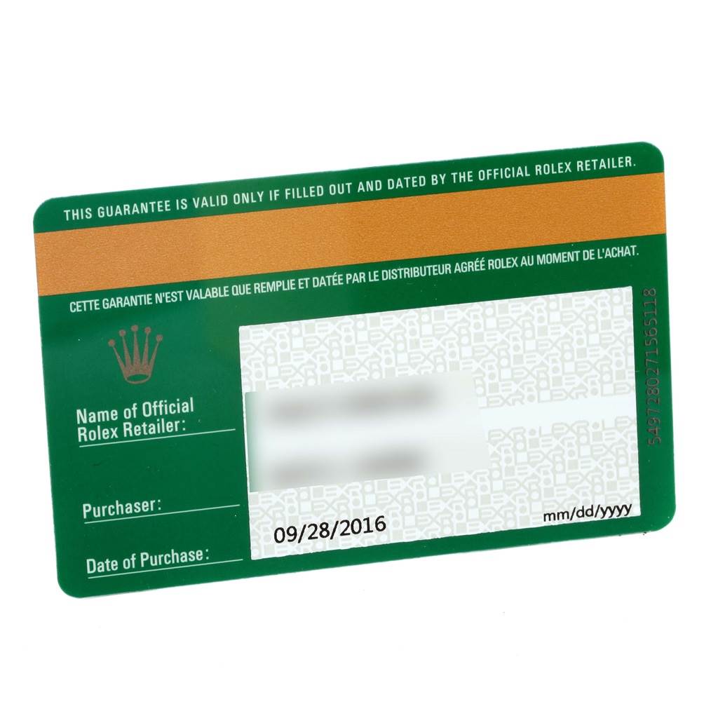 This is the warranty card for the Rolex Air-King 114200BLASO Men's Stainless Steel Blue Dial 114200BLASO Men's Stainless Steel Blue Dial, showing the date of purchase and retailer information fields.