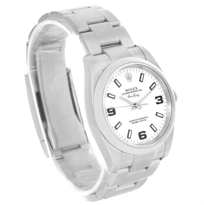 The image shows a Rolex Air-King 114200 Men's Stainless Steel White Dial 114200 Men's Stainless Steel White Dial watch from a side angle, highlighting the face and part of the metal bracelet.
