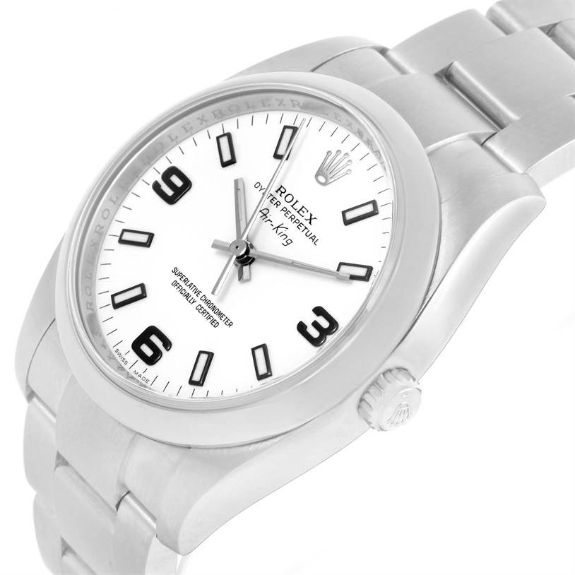 The image shows a Rolex Air-King 114200 Men's Stainless Steel White Dial 114200 Men's Stainless Steel White Dial watch from an angled view, highlighting the dial, hands, case, and bracelet.