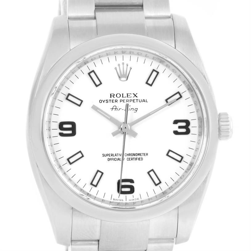 The image shows a front view of the Rolex Air-King 114200 Men's Stainless Steel White Dial 114200 Men's Stainless Steel White Dial watch displaying the dial, bracelet, crown, and bezel.