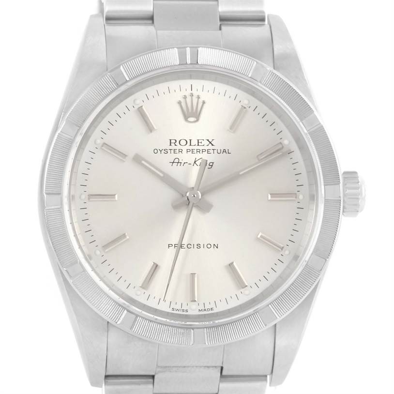The Rolex Air-King 14010 Men's Stainless Steel Silver Dial 14010 Men's Stainless Steel Silver Dial watch is shown from a front angle, highlighting its dial, bezel, crown, and bracelet.