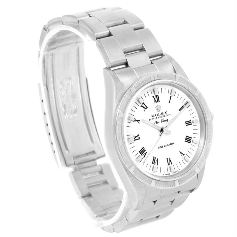 The image shows a frontal view of the Rolex Air-King 14010 Men's Stainless Steel White Dial 14010 Men's Stainless Steel White Dial watch displaying the dial, case, and part of the metal bracelet.