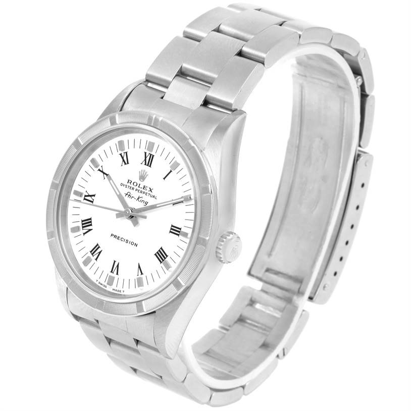 The image shows a Rolex Air-King 14010 Men's Stainless Steel White Dial 14010 Men's Stainless Steel White Dial watch at a slight angle, highlighting the face, crown, and bracelet.