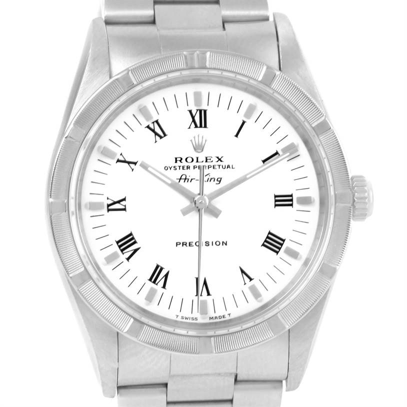 The image shows a frontal view of a Rolex Air-King 14010 Men's Stainless Steel White Dial 14010 Men's Stainless Steel White Dial watch, displaying the dial, bezel, and part of the bracelet.