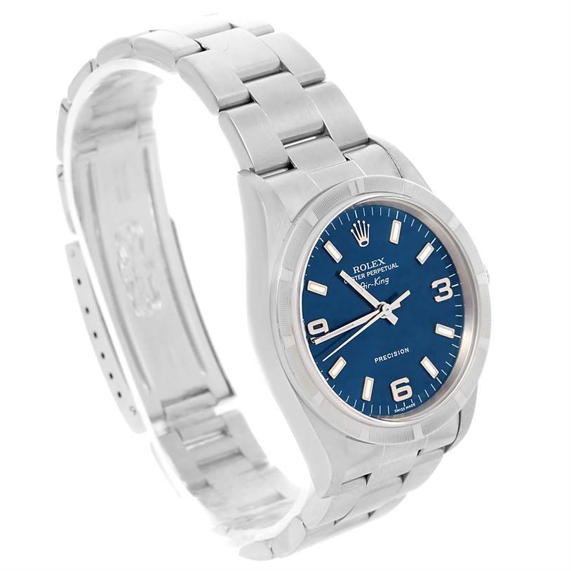 The Rolex Air-King 14010 Men's Stainless Steel Blue Dial 14010 Men's Stainless Steel Blue Dial watch is viewed at an angle showing the face, bracelet, and clasp.