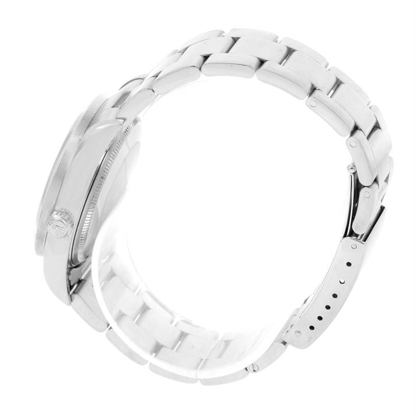 This image shows a Rolex Air-King 14010 Men's Stainless Steel Blue Dial 14010 Men's Stainless Steel Blue Dial watch from a side angle, highlighting the side profile and the bracelet with its clasp.