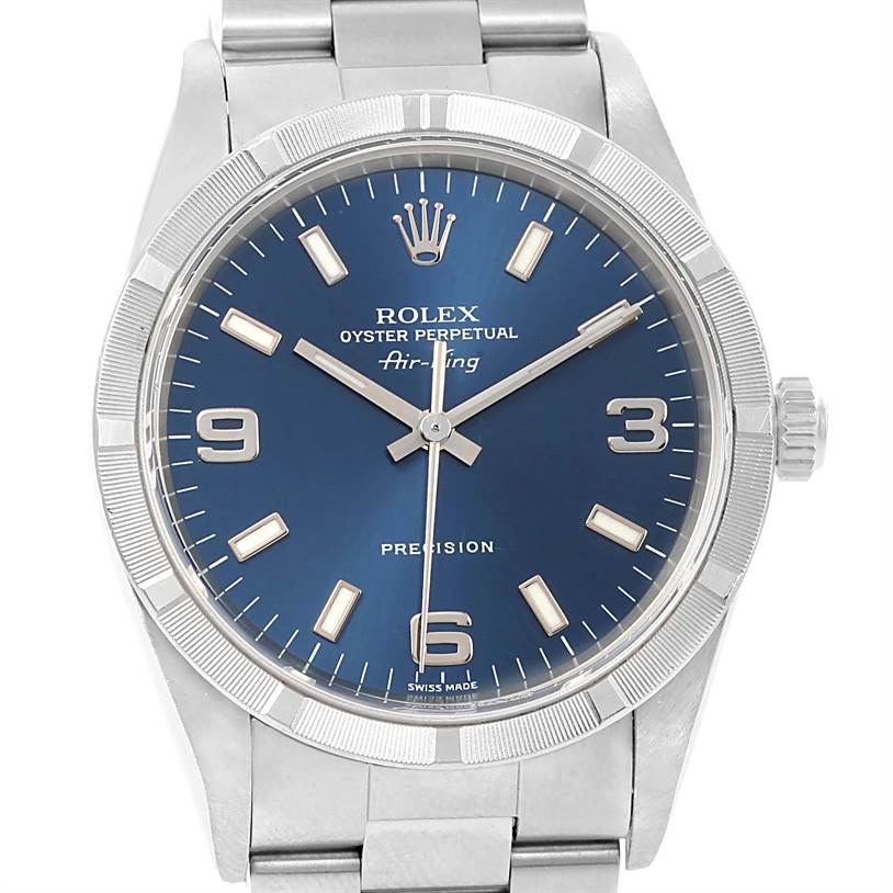 The Rolex Air-King 14010 Men's Stainless Steel Blue Dial 14010 Men's Stainless Steel Blue Dial watch is shown from a front angle, displaying the dial, bezel, and part of the bracelet.