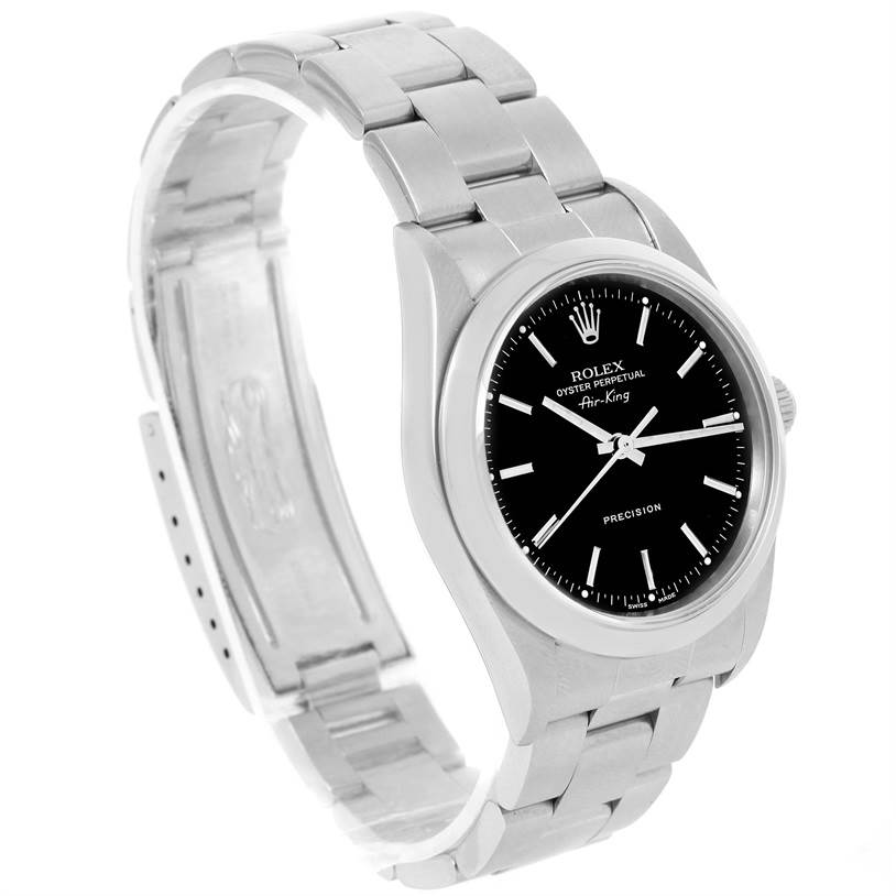 The image shows a side angle of the Rolex Air-King 14000 Men's Stainless Steel Black Dial 14000 Men's Stainless Steel Black Dial watch, displaying its dial, strap, and clasp.