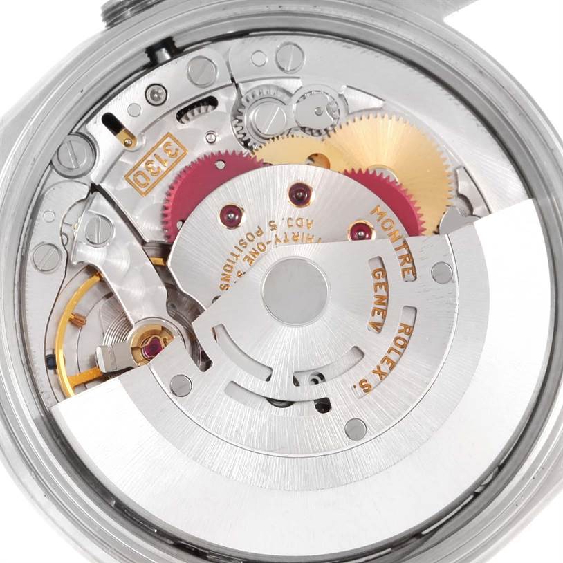 The image shows the intricate internal mechanical movement of a Rolex Air-King 14000 Men's Stainless Steel Black Dial 14000 Men's Stainless Steel Black Dial watch from a top-down angle.