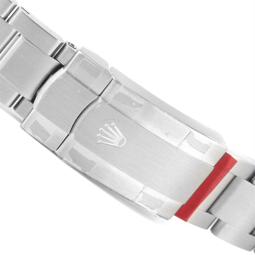 This image shows a close-up of the clasp and bracelet links of a Rolex Air-King 114200 Men's Stainless Steel Silver Dial 114200 Men's Stainless Steel Silver Dial watch.