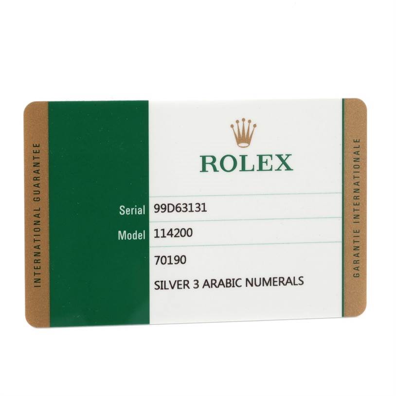 This image shows the international guarantee card for the Rolex Air-King 114200 Men's Stainless Steel Silver Dial 114200 Men's Stainless Steel Silver Dial model.