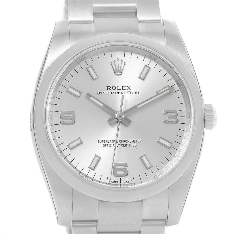 The image shows a front view of a Rolex Air-King 114200 Men's Stainless Steel Silver Dial 114200 Men's Stainless Steel Silver Dial watch, highlighting its dial, hands, and stainless steel bracelet.