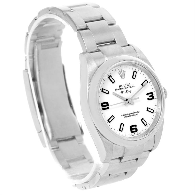 The image shows a Rolex Air-King 114200 Men's Stainless Steel White Dial 114200 Men's Stainless Steel White Dial watch angled slightly from above, highlighting the watch face, bezel, and bracelet.