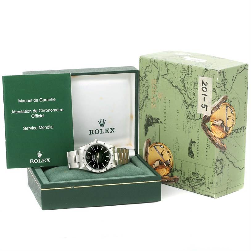 The image shows a Rolex Air-King 14010 Stainless Steel Black Dial 14010 Stainless Steel Black Dial watch in its box with accompanying booklets and outer packaging.