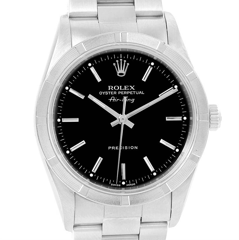 This is a front view of the Rolex Air-King 14010 Stainless Steel Black Dial 14010 Stainless Steel Black Dial watch, showing the dial, bezel, crown, bracelet, and part of the clasp.