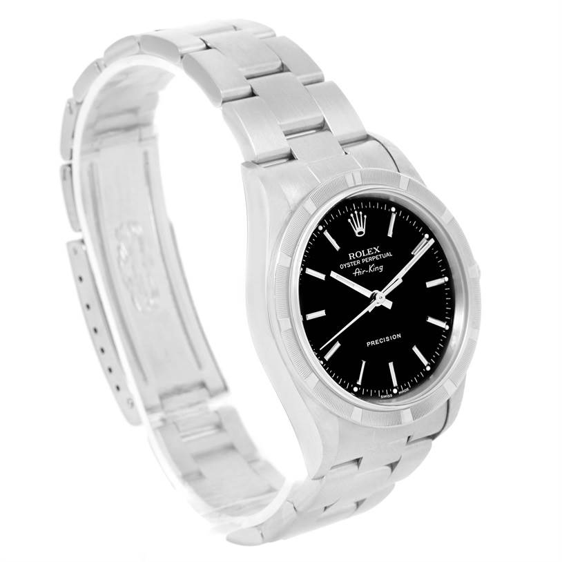 The image shows a Rolex Air-King 14010 Stainless Steel Black Dial 14010 Stainless Steel Black Dial watch from an angled side view, highlighting the bracelet, case, and black dial.