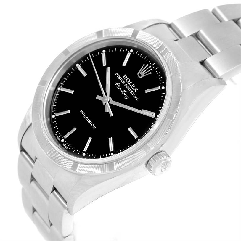 The image shows a side-angle view of the Rolex Air-King 14010 Stainless Steel Black Dial 14010 Stainless Steel Black Dial watch, highlighting the dial, bezel, and bracelet.