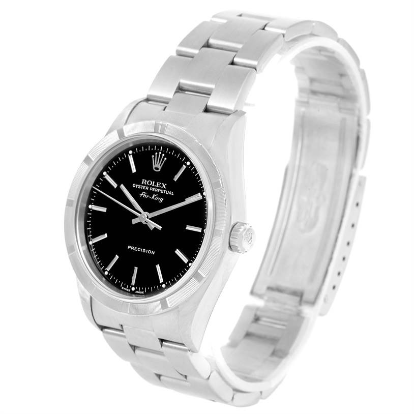 This image shows a Rolex Air-King 14010 Stainless Steel Black Dial 14010 Stainless Steel Black Dial watch at a slightly angled view, highlighting the black dial, stainless steel case, and bracelet.