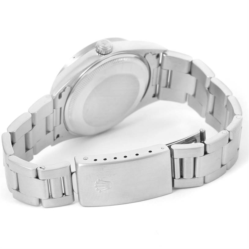 This image shows the back case and bracelet clasp of the Rolex Air-King 14010 Stainless Steel Black Dial 14010 Stainless Steel Black Dial watch from a rear angle.