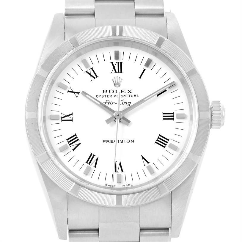 The image shows a front view of the Rolex Air-King 14010 Men's Stainless Steel White Dial 14010 Men's Stainless Steel White Dial watch, highlighting its dial, bezel, and bracelet.