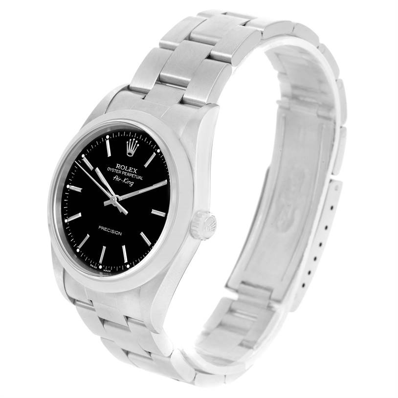 The Rolex Air-King 14000 Men's Stainless Steel Black Dial 14000 Men's Stainless Steel Black Dial watch is shown from a front angle, highlighting the dial, bezel, and bracelet.
