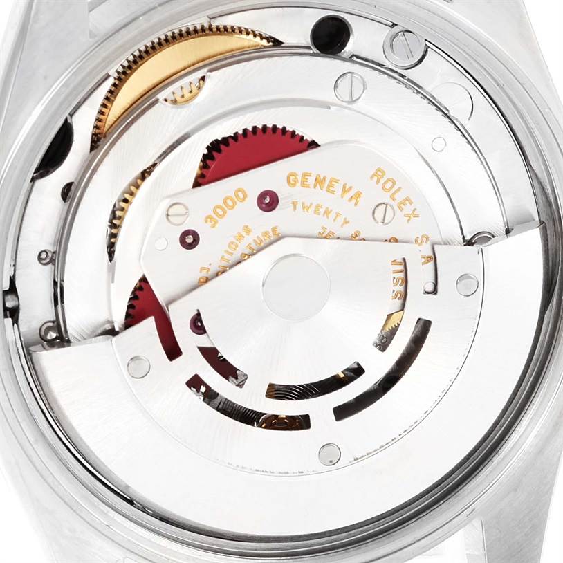 This image shows a close-up, detailed view of the movement mechanism inside the Rolex Air-King 14000 Men's Stainless Steel Black Dial 14000 Men's Stainless Steel Black Dial watch.