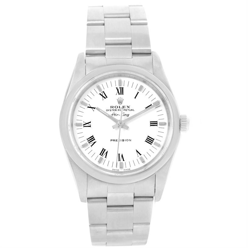 The image shows a front view of a Rolex Air-King 14000 Men's Stainless Steel White Dial 14000 Men's Stainless Steel White Dial watch, featuring its dial, hands, and bracelet.