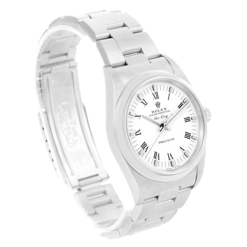 The Rolex Air-King 14000 Men's Stainless Steel White Dial 14000 Men's Stainless Steel White Dial watch is shown at a slight angle, displaying the face, crown, and part of the bracelet.