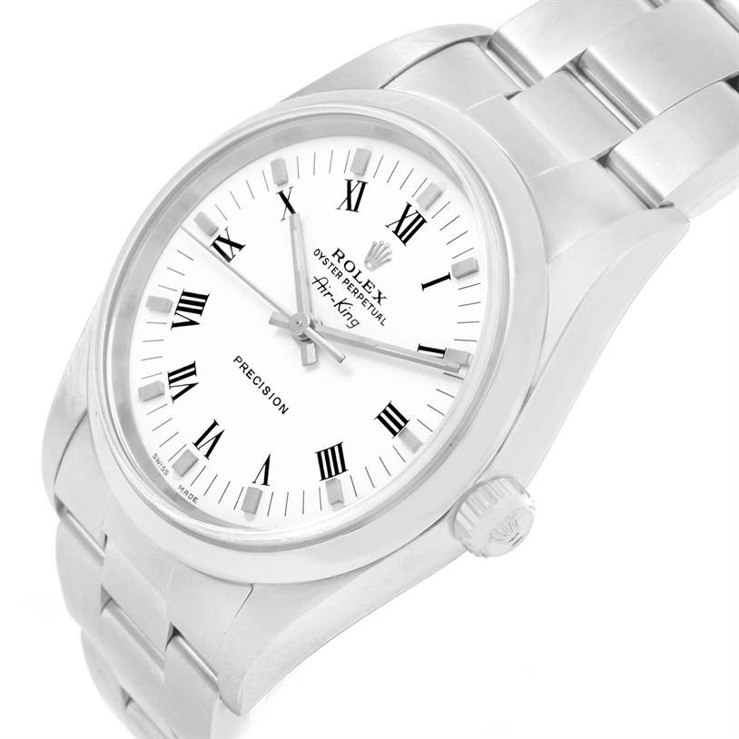 The Rolex Air-King 14000 Men's Stainless Steel White Dial 14000 Men's Stainless Steel White Dial watch is shown from a tilted angle, highlighting the face, bezel, crown, and part of the bracelet.