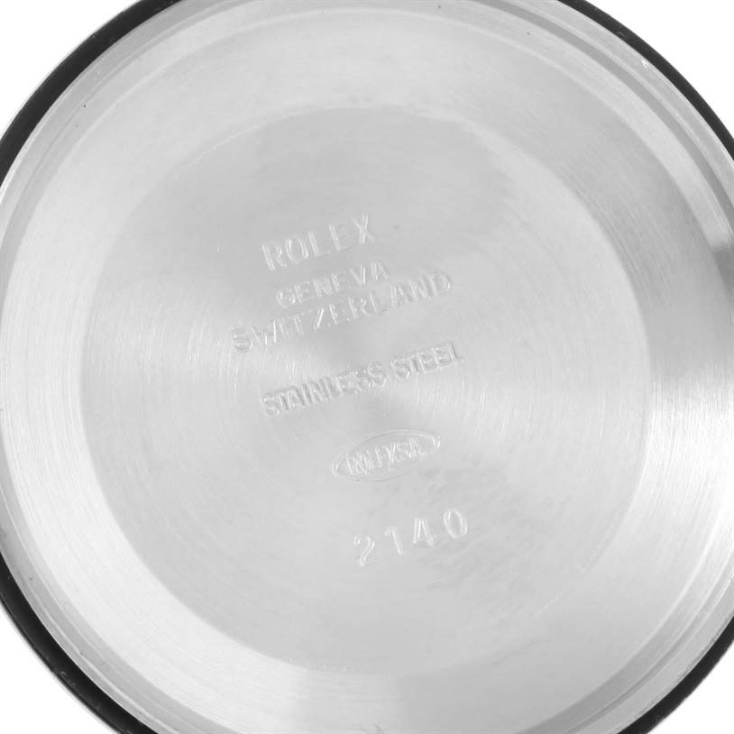 This image shows the inner case back of a Rolex Air-King 14000 Men's Stainless Steel White Dial 14000 Men's Stainless Steel White Dial watch, engraved with "GENEVA," "SWITZERLAND," "STAINLESS STEEL," and the number "2140."