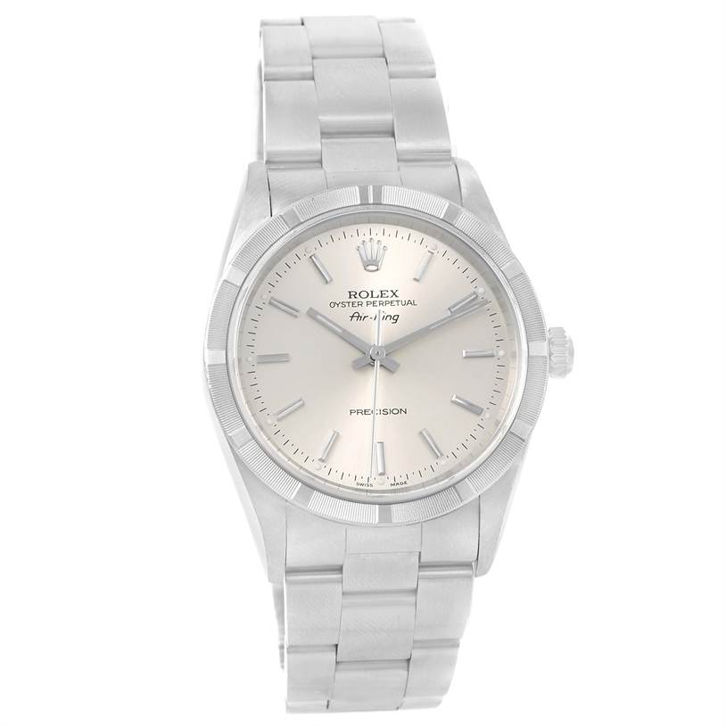 The image shows a Rolex Air-King 14010 Men's Stainless Steel Silver Dial 14010 Men's Stainless Steel Silver Dial watch from a top-down angle, highlighting its face, bezel, crown, and bracelet.